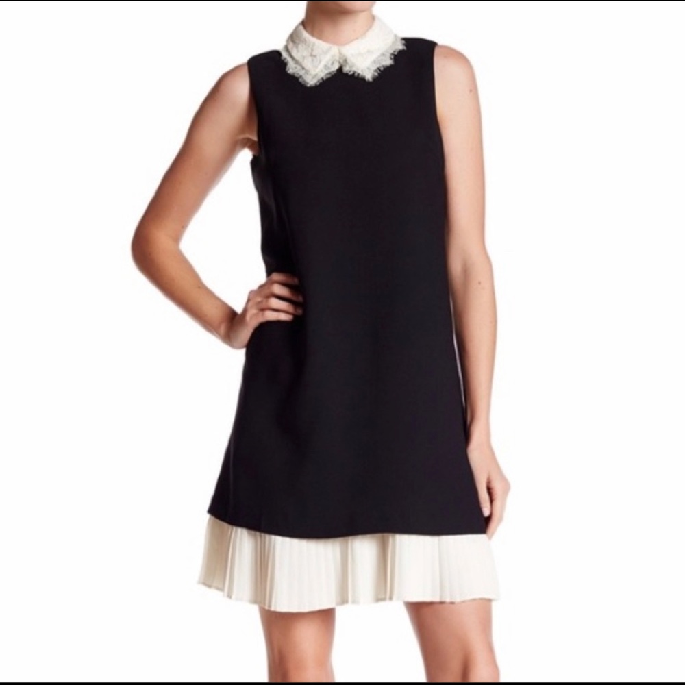 Nanette Lepore black lace collared pleated trim sleeveless shift dress